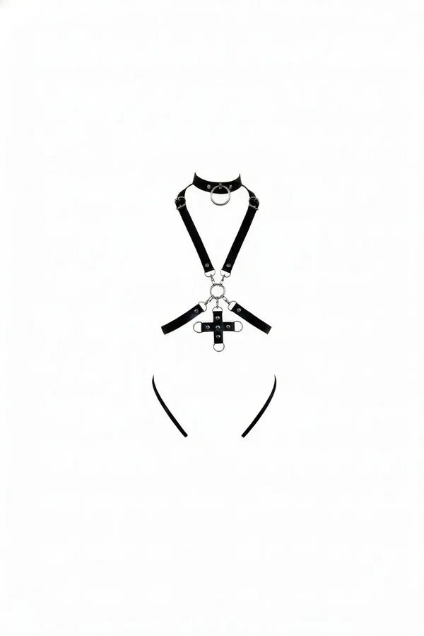 Black faux leather body harness with integrated choker, silver O-rings, and cross pendant centerpiece on white background