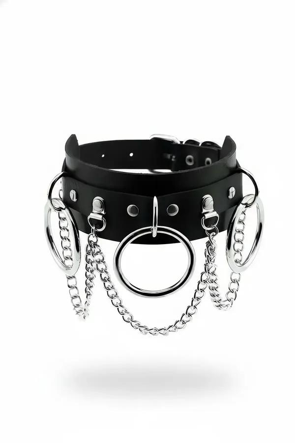 black faux leather choker with central silver O-ring and three draped curb-link chains, adjustable buckle closure