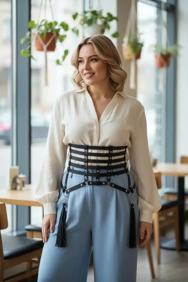 Black faux leather multi-strap corset waist harness with silver studs and detachable black tassels worn over cream blouse