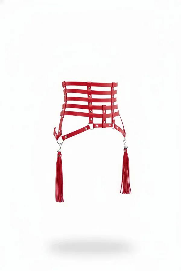 red faux leather caged waist harness with four horizontal straps silver rivets and detachable red fringe tassels