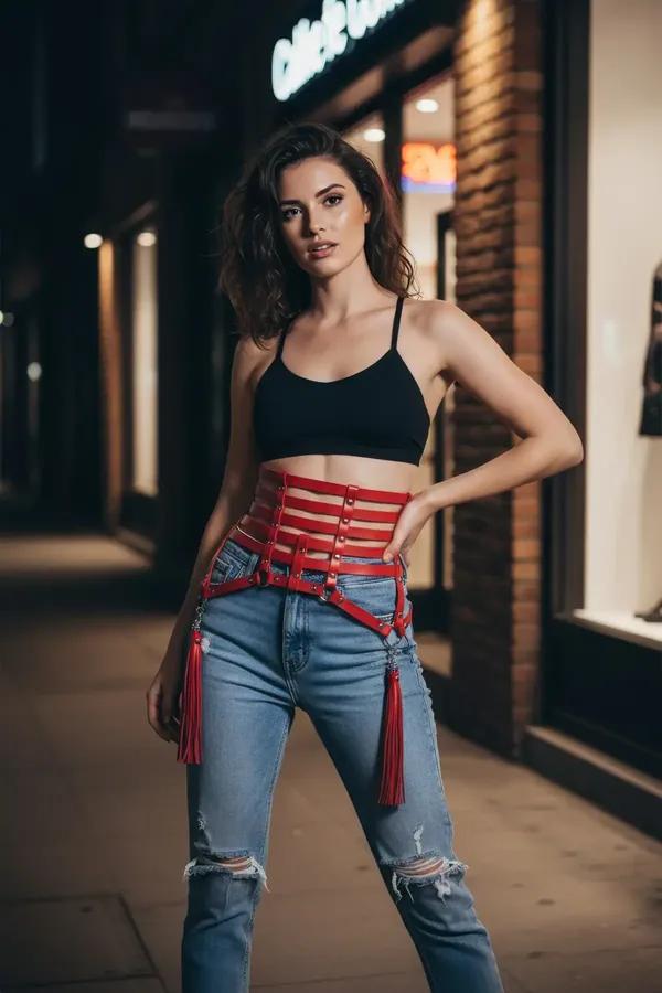 red faux leather caged waist harness with brass rivets and detachable side tassels worn over jeans