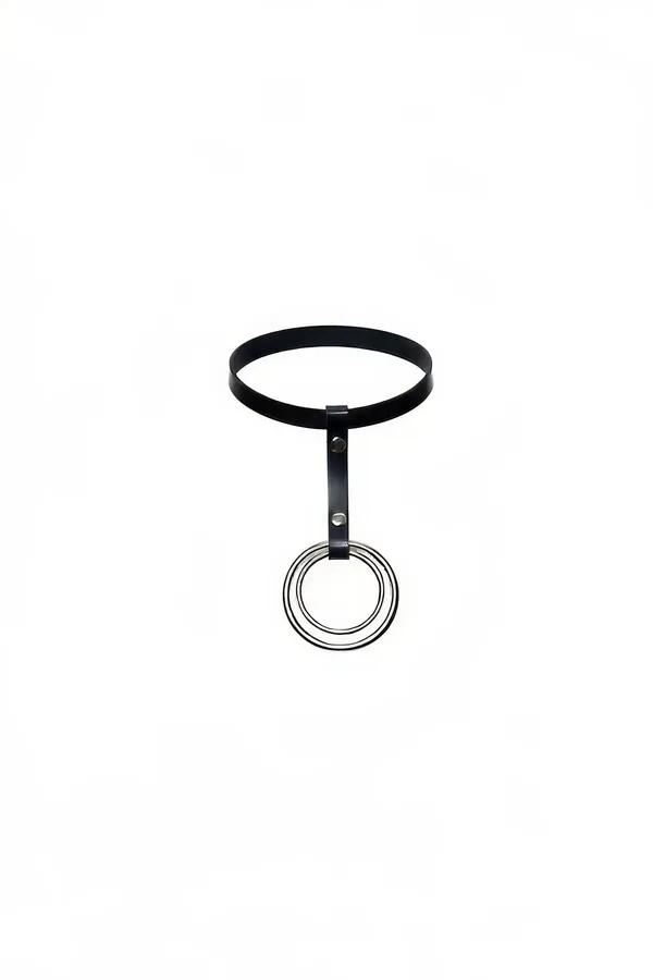 Black vegan leather choker with concentric double silver O-ring pendant drop and rivet stud detail