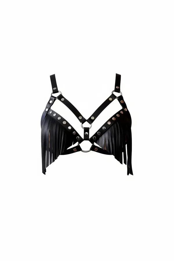Black faux leather bra harness with silver studs, dual O-rings, and long fringe panels hanging from underbust band