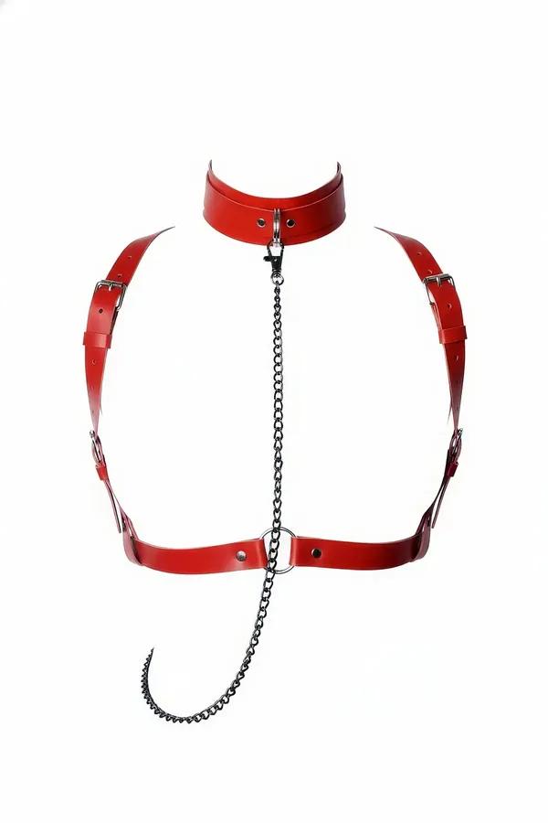Kırmızı vegan deri harness takımı zincir detaylı boyunluklu gümüş toka ve O-ring