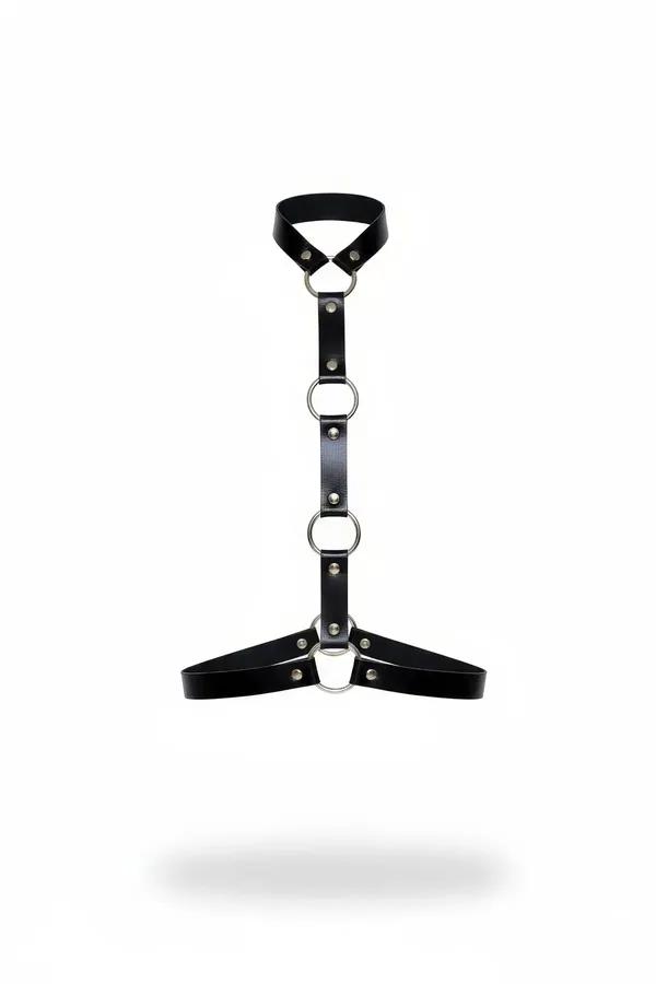 Black faux leather o-ring neck to underbust harness with three silver O-rings on a central front spine
