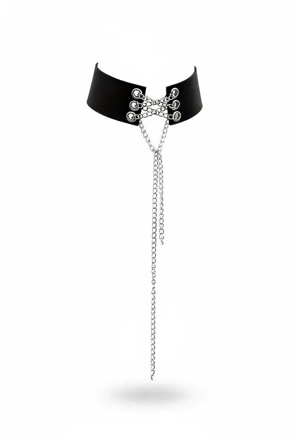 Siyah vegan deri kalın choker gerdanlık gümüş perçin çapraz zincir ve sarkık kolye detayı