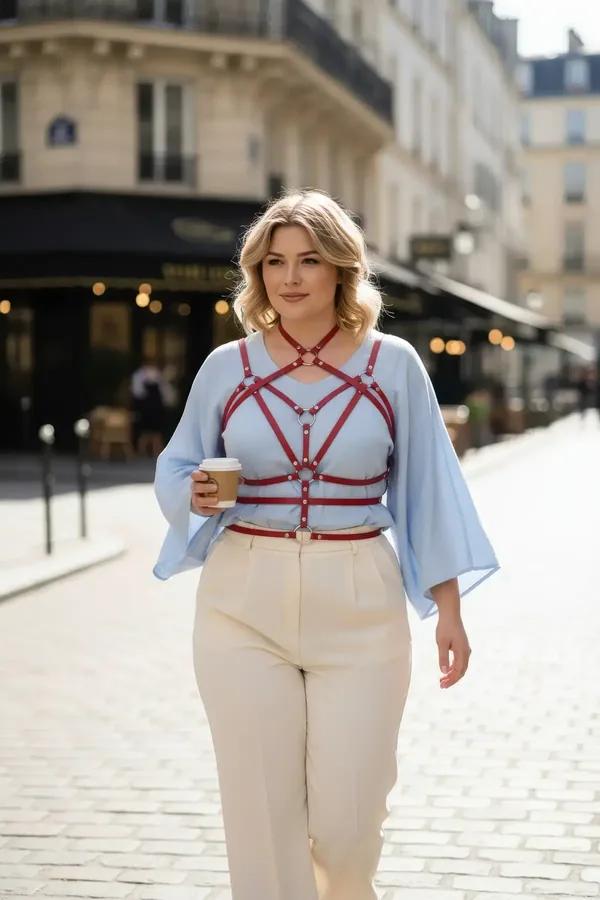 Burgundy faux leather caged body harness with silver stud hardware and waist belt worn over light blue blouse