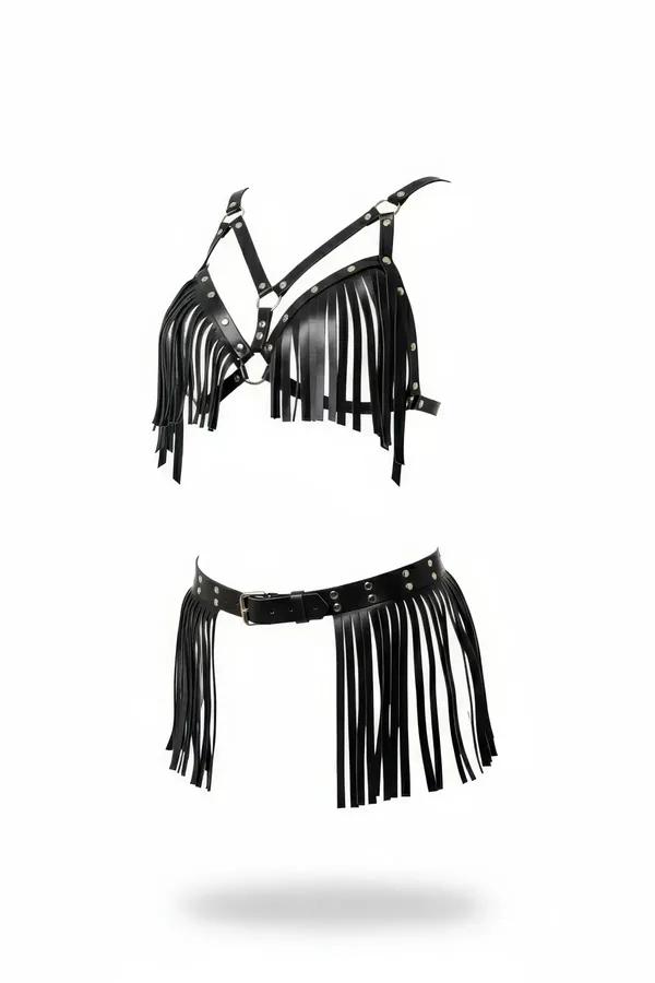 black faux leather fringe harness bra top with silver O-ring studs and matching fringe belt skirt set