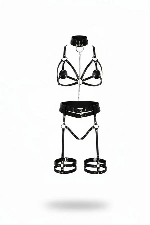Siyah vegan deri harness takım tasma zincir göğüs harness bel kemeri çift bacak kelepçe gümüş donanım