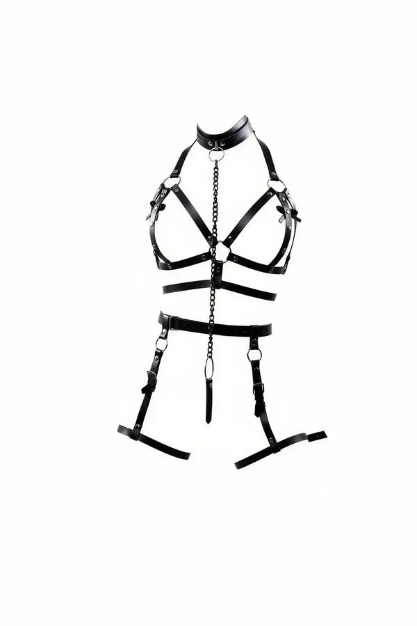 Black faux leather full body harness set with high collar, O-ring chain, chest cage, and adjustable garter leg straps