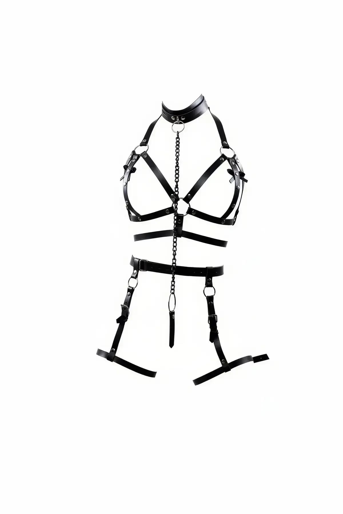Black faux leather full body harness set with high collar, O-ring chain, chest cage, and adjustable garter leg straps