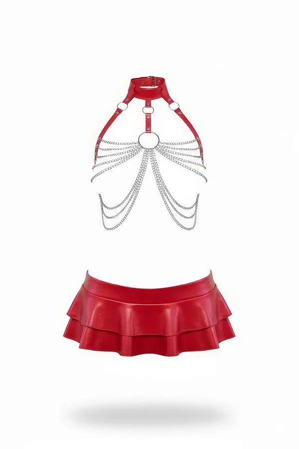 Red faux leather chain chest harness with silver O-rings and cascading link chains beside matching double-ruffle mini skirt