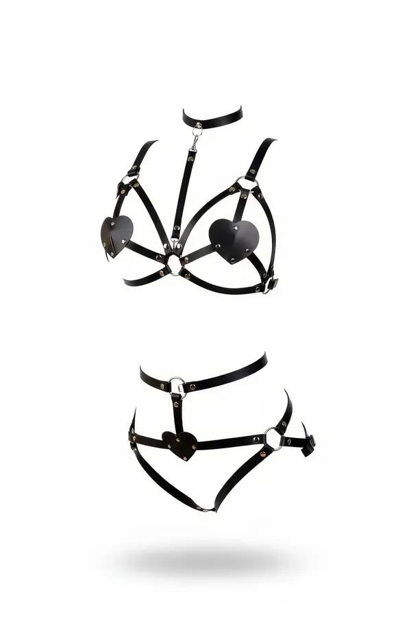 Siyah vegan deri kalp detaylı harness takım choker göğüs ve bel harness 3 parça gümüş metal halka