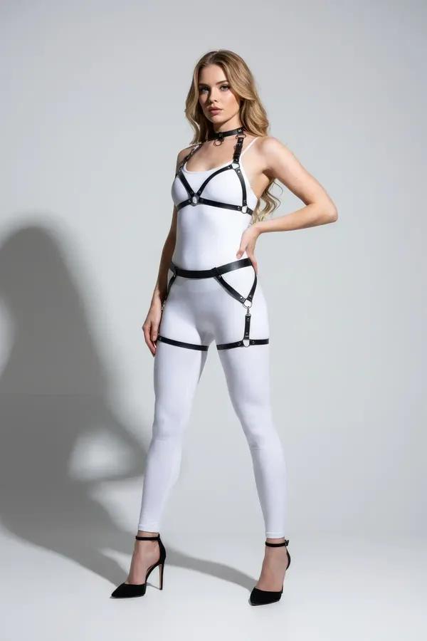siyah vegan deri tam vucut harness takim gumus o-halka choker gogus bel uyluk bandi