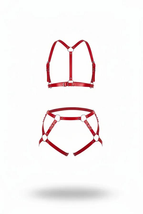 kırmızı vegan deri harness takım gümüş O-halka iki parçalı set, göğüs ve bel harness