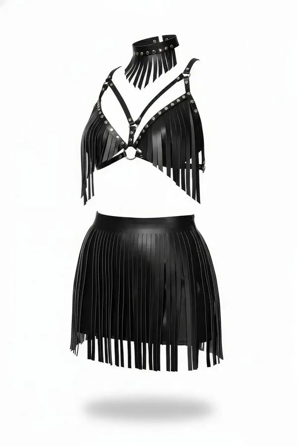 Black faux leather fringe bralette mini skirt and choker three-piece set with silver O-ring and dome studs