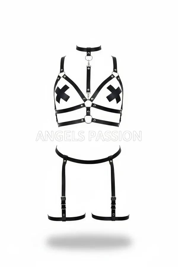 Siyah vegan deri harness takım çapraz X panelli gümüş O-halkalı jartiyerli 4 parça set