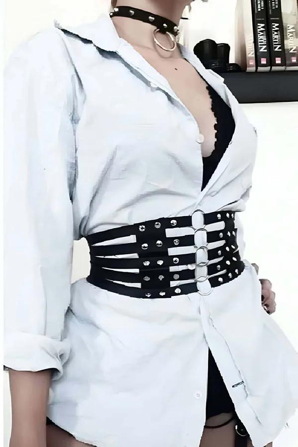 black faux leather wide corset waist belt four straps silver studs O-rings women fashion edgy style