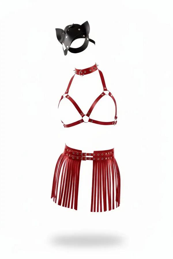 Red faux leather fringe harness skirt set with spiked choker and black cat mask, silver O-ring and buckle hardware, three-pie