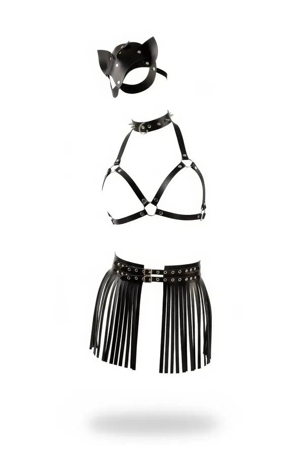 Black faux leather cat ear harness set with spiked choker, chest harness with silver O-ring, and studded fringe mini skirt