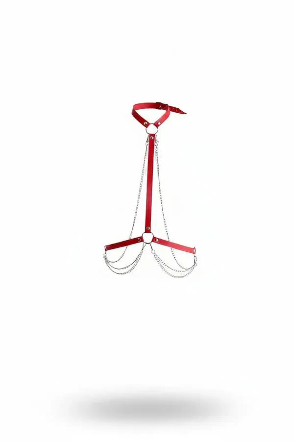 Red faux leather underbust harness with draped silver chain swags and O-ring hardware on white background