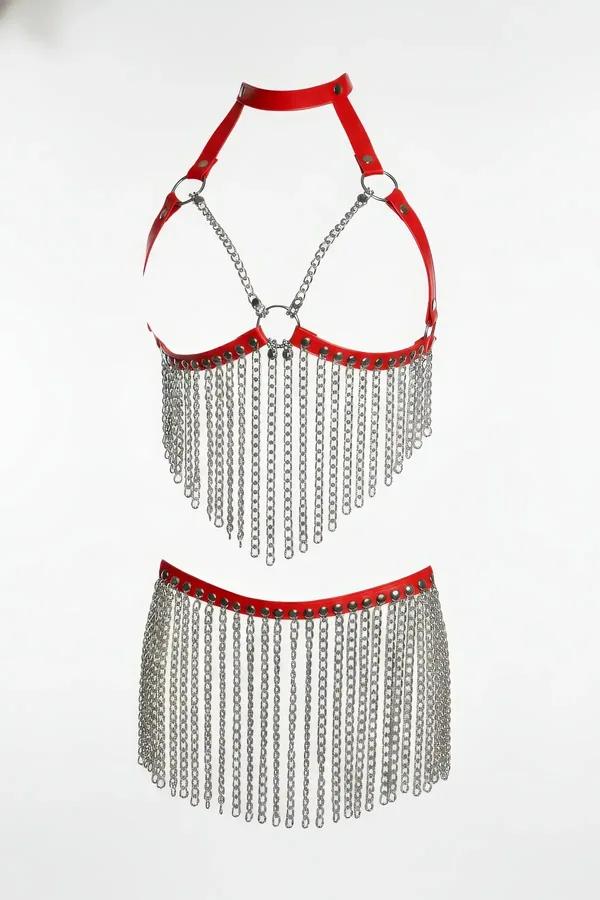 Red faux leather chain fringe halter harness and waist skirt set with silver O-ring and stud rivet detail