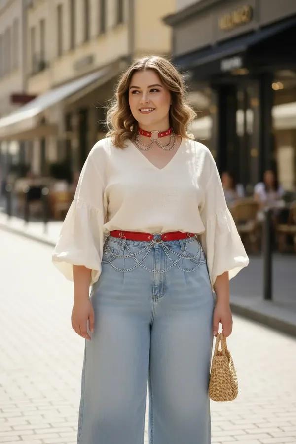 red faux leather waist belt with draping silver chains and O-ring hardware worn over light-wash jeans