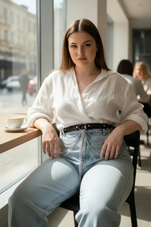 black faux leather belt with layered silver draped chain detail worn over light blue jeans