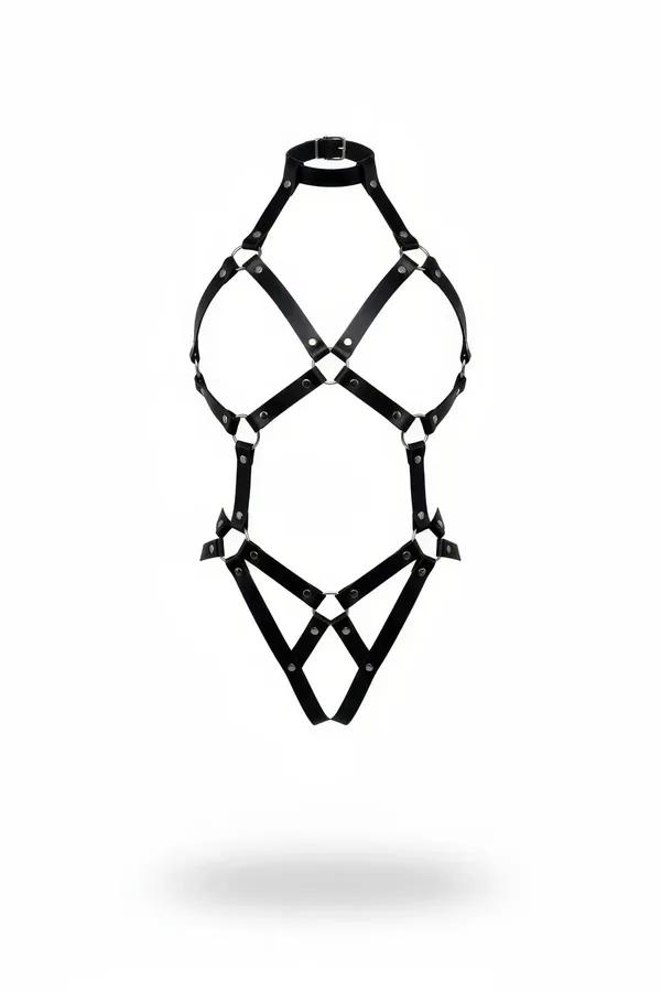 siyah suni deri tam vücut body harness choker boyunluk çapraz X göğüs bantları gümüş metal O-halkalar geometrik kalça