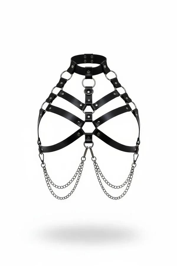 Black faux leather halter body harness with O-ring choker, five-strap cage chest design, and three-layer draped silver chains