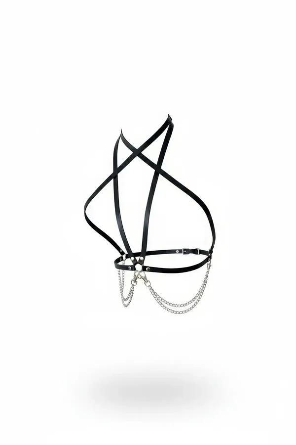Black faux leather chest harness with silver chain drape and cross-over neck straps on white background