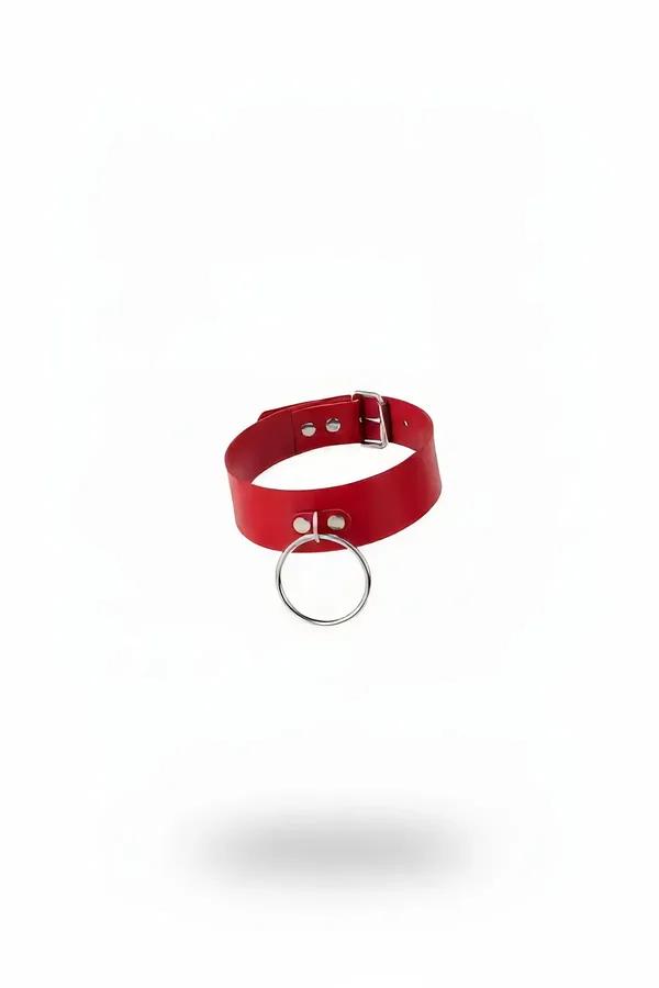 Red faux leather choker with silver O-ring pendant and adjustable buckle, smooth matte strap approximately 2.5 cm wide