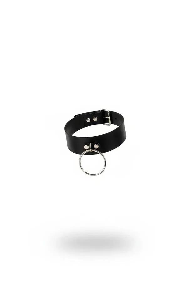 Black faux leather choker necklace with centered silver O-ring and single-prong buckle closure, flat band style
