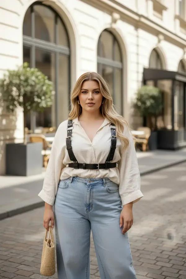 black faux leather multi-buckle chest and waist harness vest worn over beige linen shirt with wide-leg jeans street style