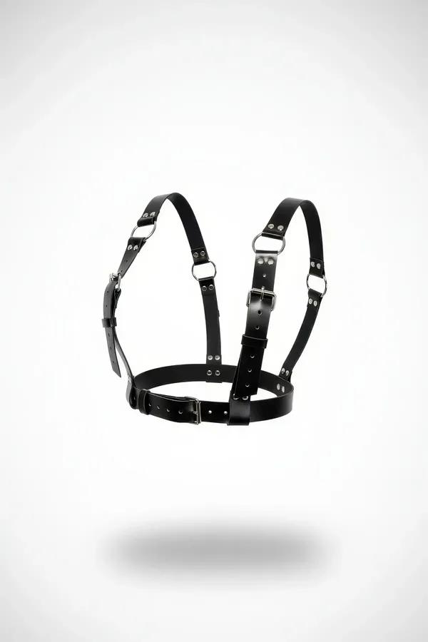 Black vegan leather chest harness with silver D-rings and dual buckle straps on white background