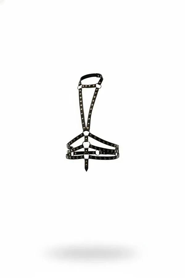 Black faux leather studded chest harness with front O-ring and triple horizontal bands, gunmetal hardware
