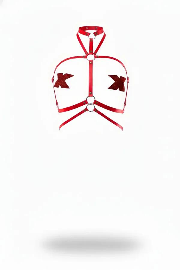 Red faux leather X-shape bust harness with silver O-rings and integrated choker collar, front view
