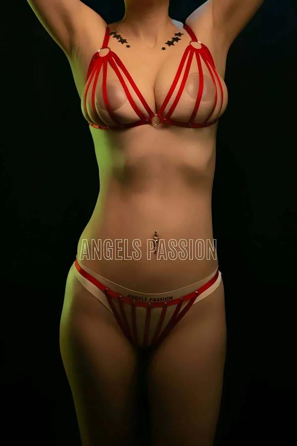 Red elastic caged strappy harness bra and thong set with gold O-ring hardware front view