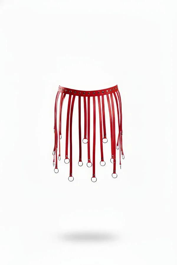 Red faux leather fringe mini skirt with silver O-ring tipped vertical straps and rivet-studded waistband