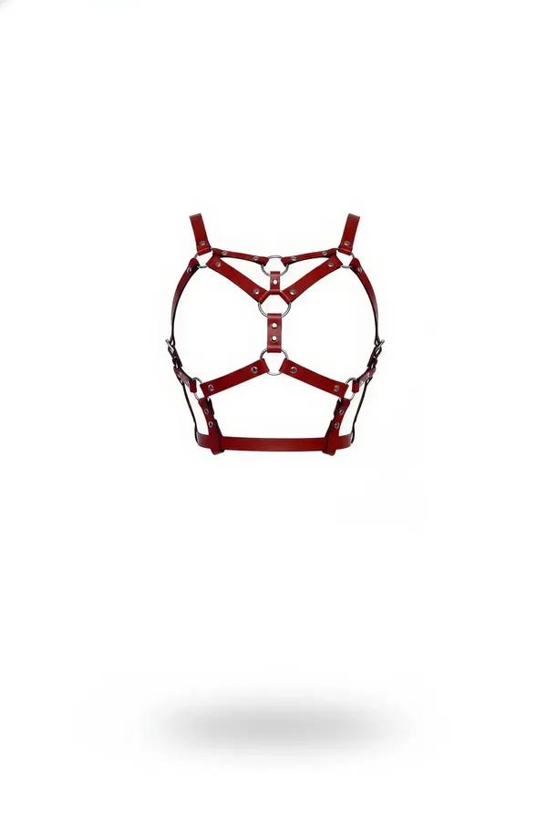 Dark red faux leather caged harness bra with five silver O-rings and geometric strap layout on white background