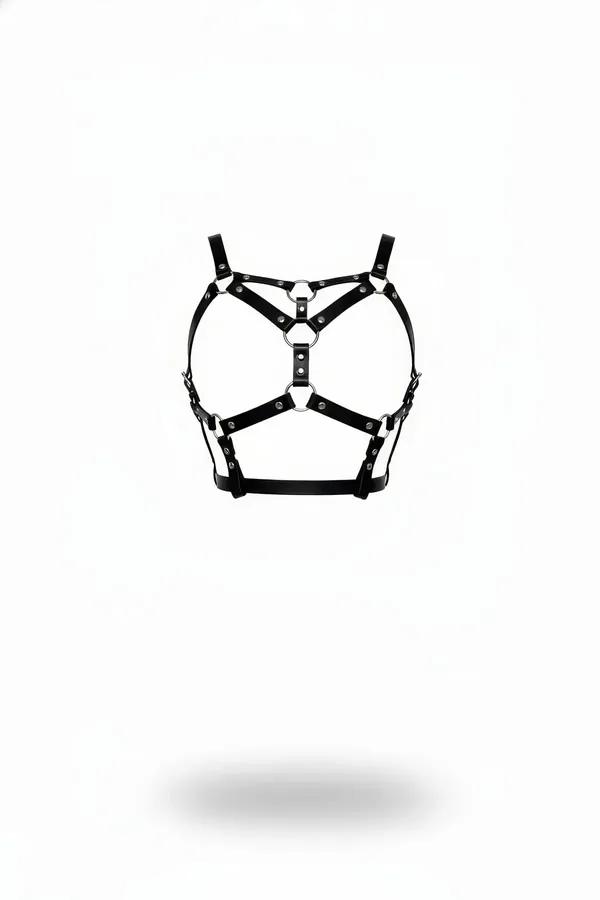Black faux leather caged chest harness with five silver O-rings and adjustable slim straps on white background