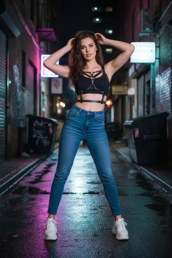 Black faux leather caged chest harness with four silver O-rings worn over black crop top, urban night setting