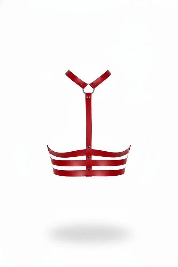 Red faux leather underbust harness with three horizontal chest bands, Y-shaped neck strap, and silver O-ring center detail