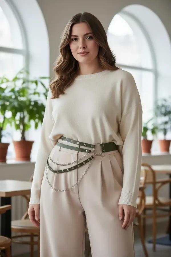 Khaki faux leather waist harness with silver O-ring eyelets and draped chain detail worn over cream sweater and wide-leg trou