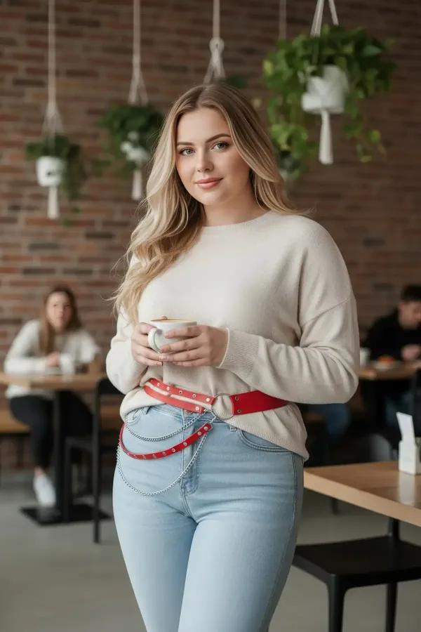 Red faux leather waist harness belt with silver grommet studs and three draped silver chains styled over cream sweater and je