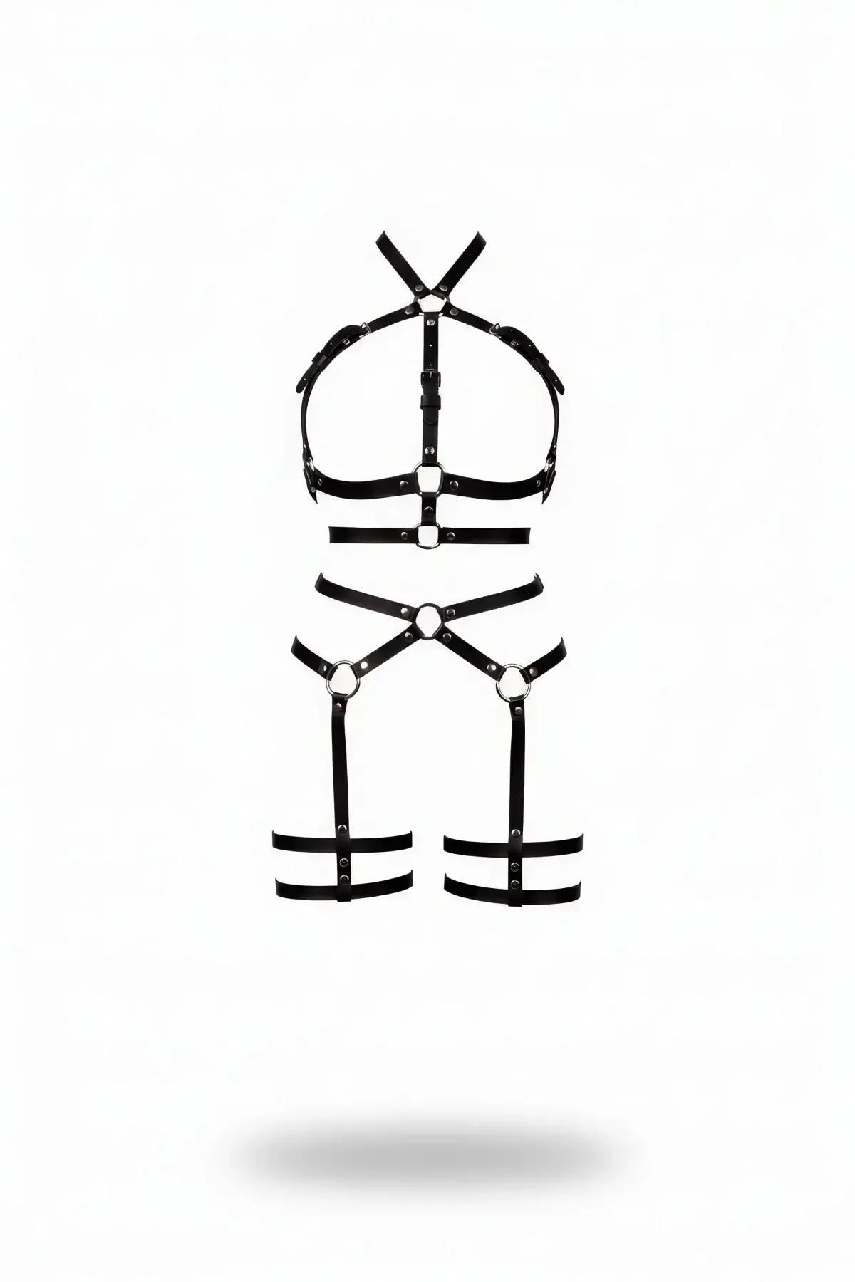 Black faux leather chest harness and thigh garter set with silver O-rings and stud-pin buckles, full body view