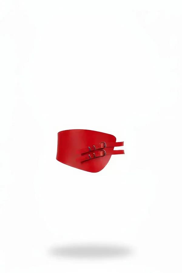 Red vegan leather wide waist cinch harness belt with double silver-tone pin buckles, smooth matte finish