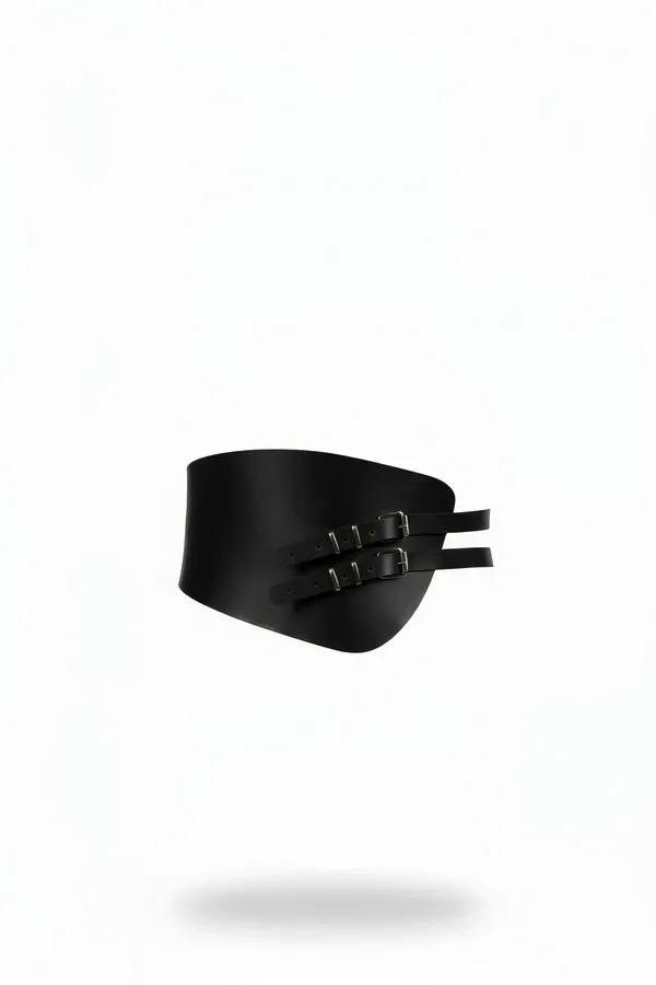 Black faux leather wide corset belt with dual silver-tone buckles front view smooth matte finish
