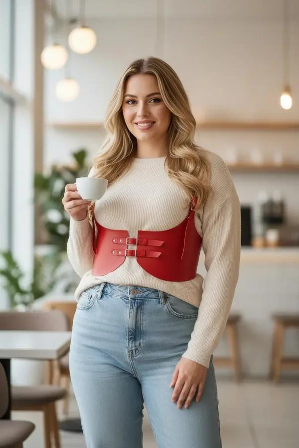 red faux leather wide underbust corset waist harness with dual silver buckles worn over cream sweater