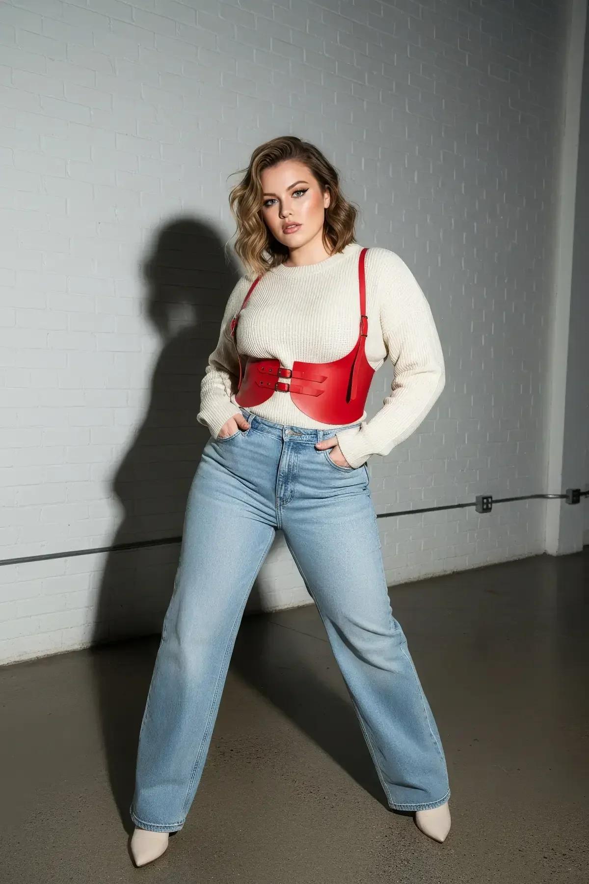 red wide-panel waist harness layered over ribbed knit sweater and light jeans streetwear outfit